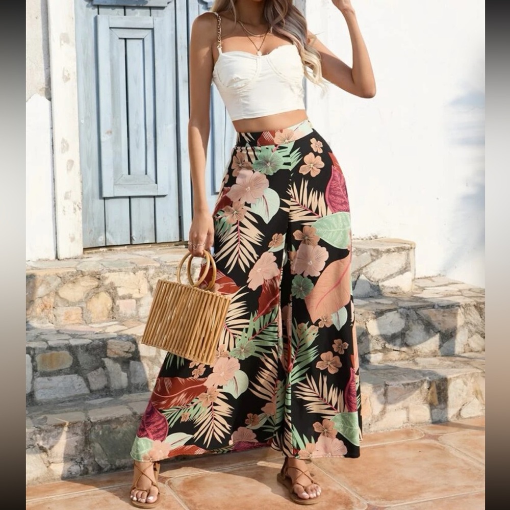 Boho floral leaves tropical print wide leg palazzo pants - Picture 4 of 12